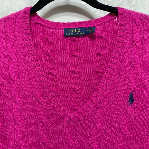 Polo Ralph Lauren Wool Cashmere Blend V-Neck Cable Knit Sweater Magenta Sz M - Picture 3 of 9